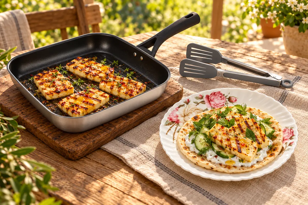 Рум’яний халумі у сковорідці-гриль Pyrex, кухонні щипці та лаваш на квітковій тарілці надворі