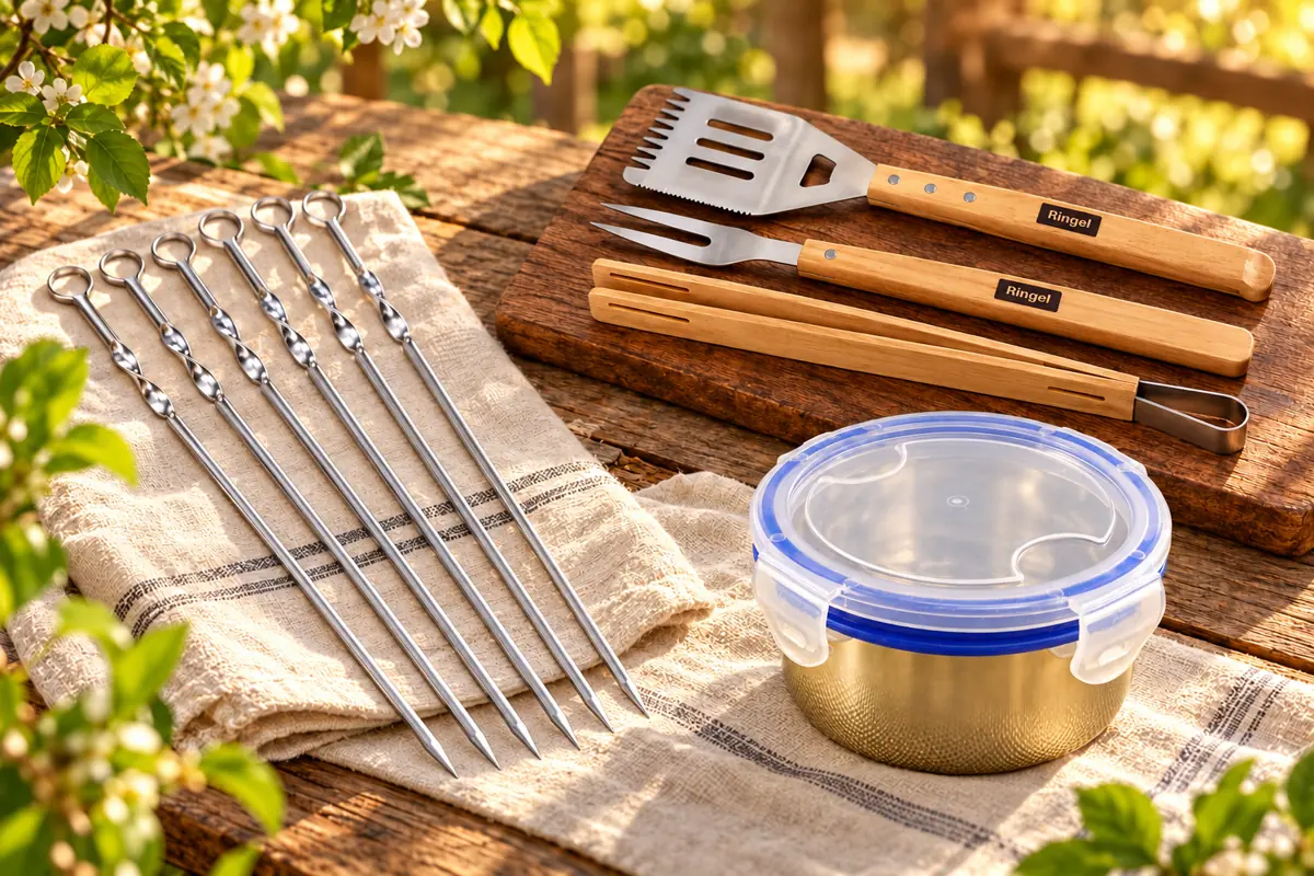 Шість шампурів Maestro, три інструменти Ringel BBQ і сталева миска з кришкою на пікніковому столі