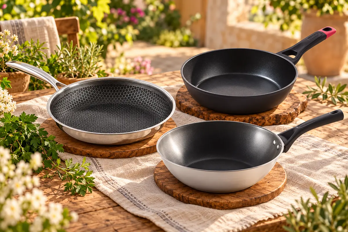 Три різні сковорідки Vinzer і Pyrex на садовій терасі: гладка, глибока та вок