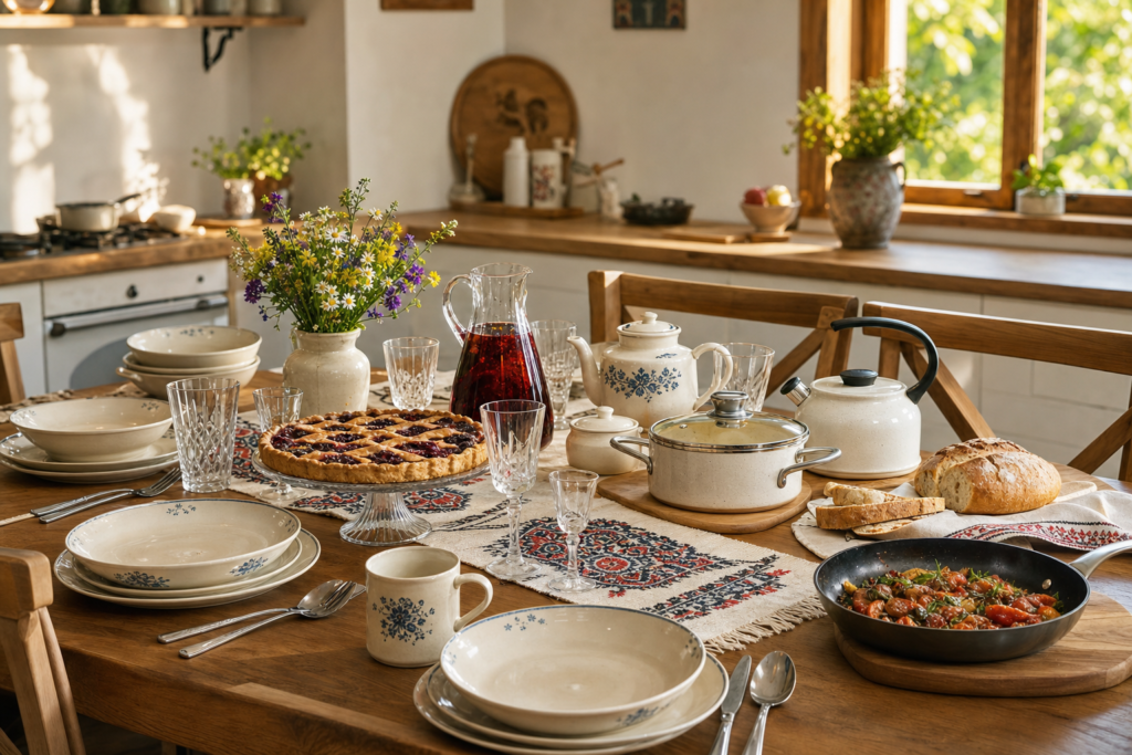 Родинний стіл із тарілками, чашками, келихами, чайником, каструлею та сковорідкою у затишній українській кухні