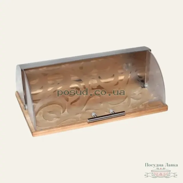 Хлібниця Kamille KM-1103, 36,5 × 26,5 × 19 см, бамбукова основа, задня стінка з нержавіючої сталі та ажурна пластикова кришка