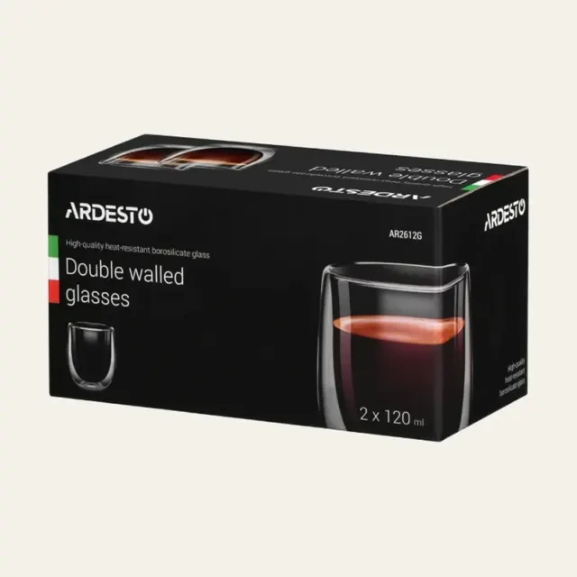 Фото товару «Набір склянок Ardesto Americano 120 мл, висота 7,5 см, з подвійними стінками, 2 шт., боросилікатне скло, AR2612G»