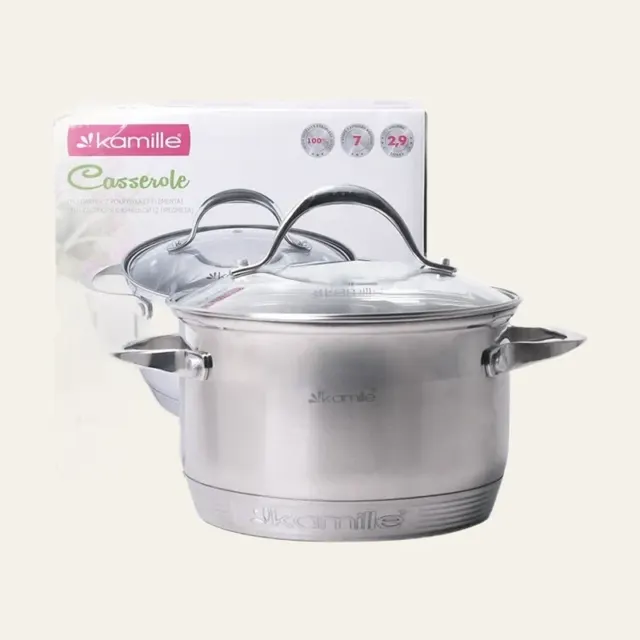 Каструля Kamille Classic 2,9 л, з нержавіючої сталі, порожнисті ручки сріблястого кольору