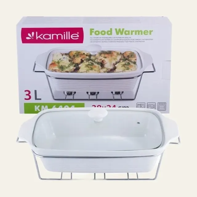 Фото товару «Марміт керамічний Kamille 3,0 л прямокутний 38 см, на металевій підставці, KM-6404»