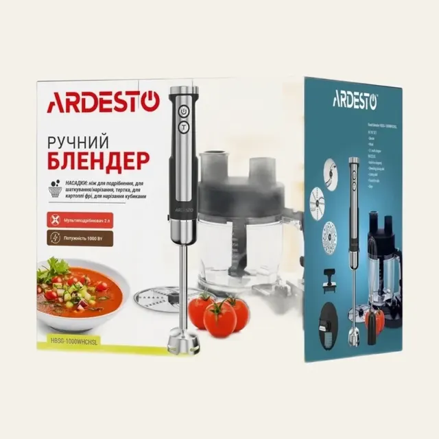 Фото товару «Блендер Ardesto занурювальний, 1000 Вт, 7 в 1, чаша 2000 мл, насадка для нарізання кубиками, чорно-сріблястий, HBSG-1000WHCHSL»