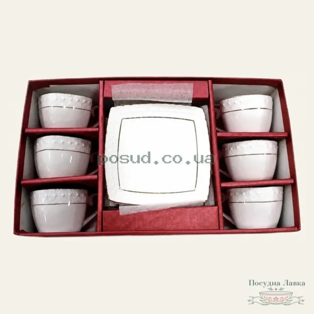 Фото товару «Кавовий набір S507006-AGIFT, біла порцеляна, 6 квадратних чашок по 90 мл із блюдцями»