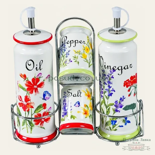 Набір для олії, оцту, солі та перцю з підставкою Maestro Flora MR-20008-04S, 5 предметів