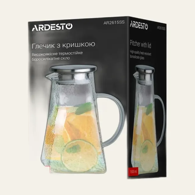 Фото товару «Глечик Ardesto Graphite, з кришкою, 1500 мл, боросилікатне скло, бамбук, нержавіюча сталь, сірий, AR2615SG»