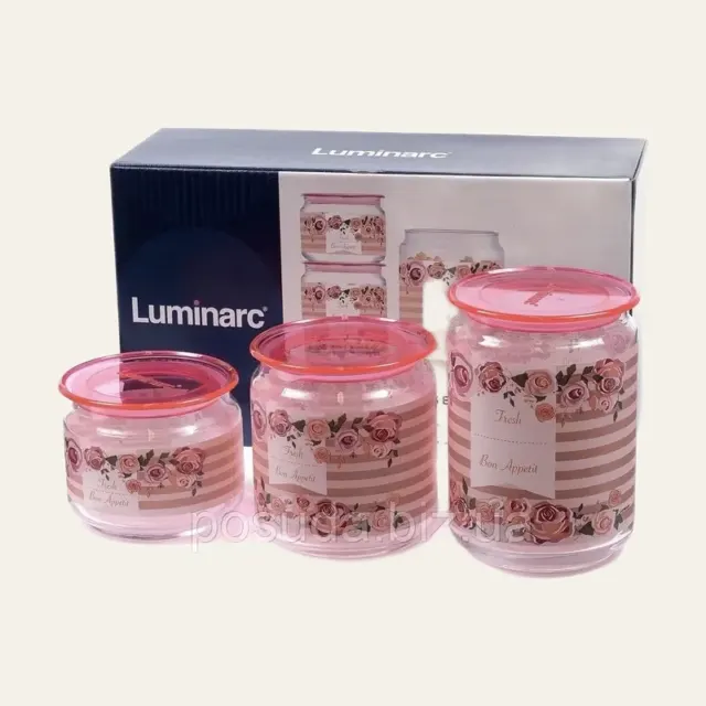 Фото товару «Набір банок Luminarc Plano Rosettes Pink, 3 предмети (0,5/0,75/1 л), P9213»