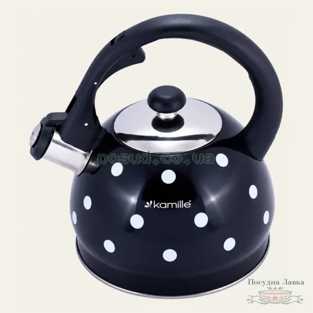 Фото товару «Чайник Kamille KM-1070BL, 2 л, чорний у горох, зі свистком»