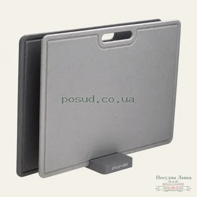 Набір обробних дощок Kamille KM-10079, 40 × 30 × 0,6 см, 2 дошки з підставкою, сірий