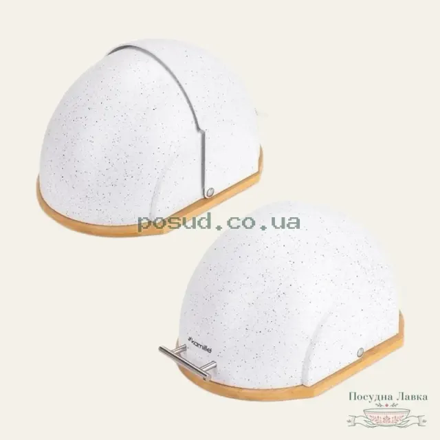 Хлібниця Kamille KM-1106 із бамбуковою основою та пластиковою кришкою «Мармур», чорний/білий