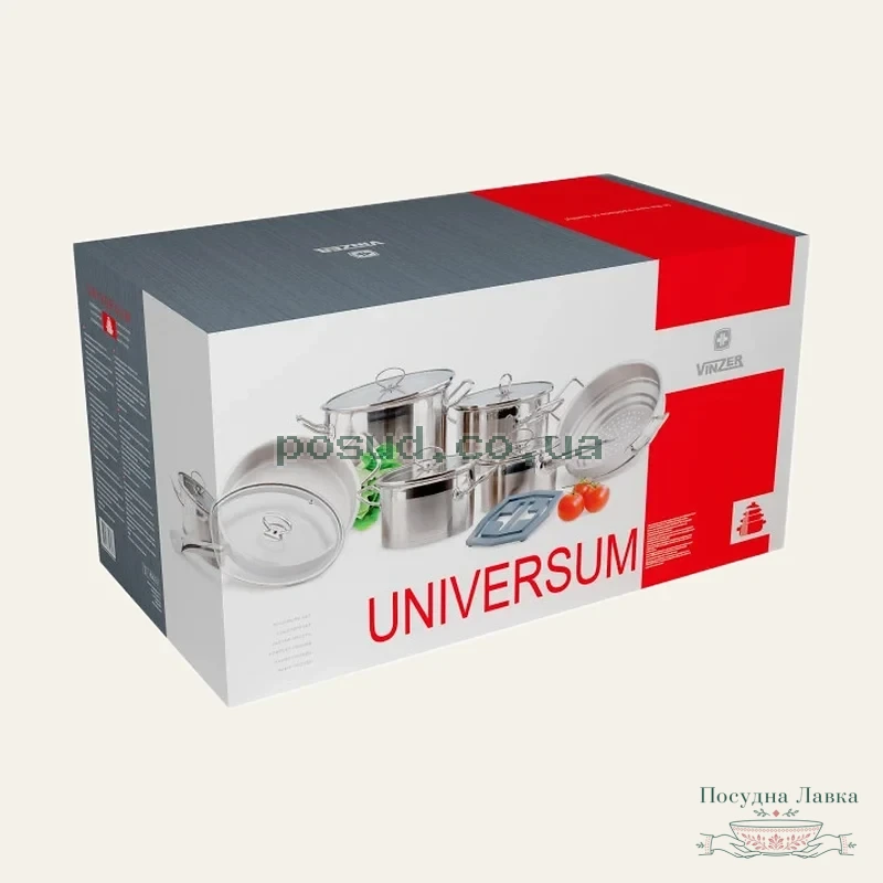 Фото товару «Набір посуду Vinzer Universum 14 предметів (каструлі: 1,8 л, 2,6 л, 3,7 л, 6,5 л, ківш 1,8 л, сковорідка 24 см, пароварка)»