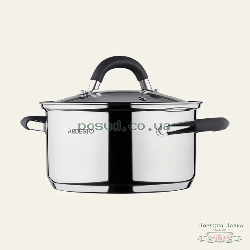 Фото товару «Каструля Ardesto Gemini Salerno 1,2 л, скляна кришка, сірі ручки з силіконом, з нержавіючої сталі, AR1912CS»