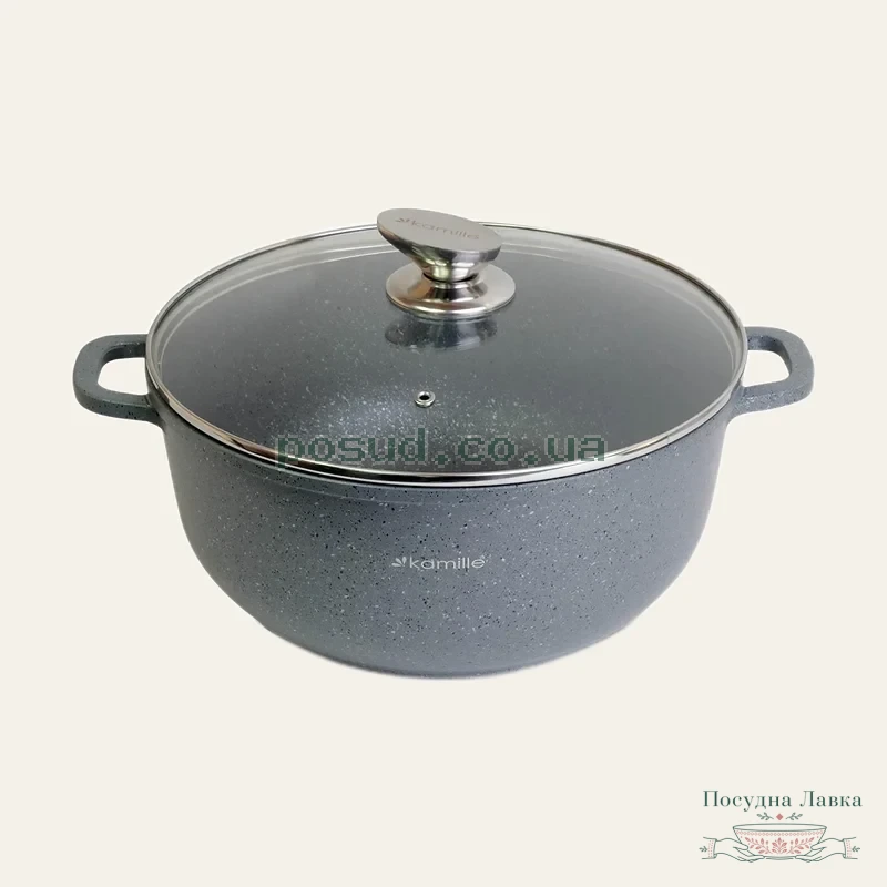 Каструля Kamille, алюмінієва, 6,5 л 28 × 12,5 см, з гранітним антипригарним покриттям і скляною кришкою