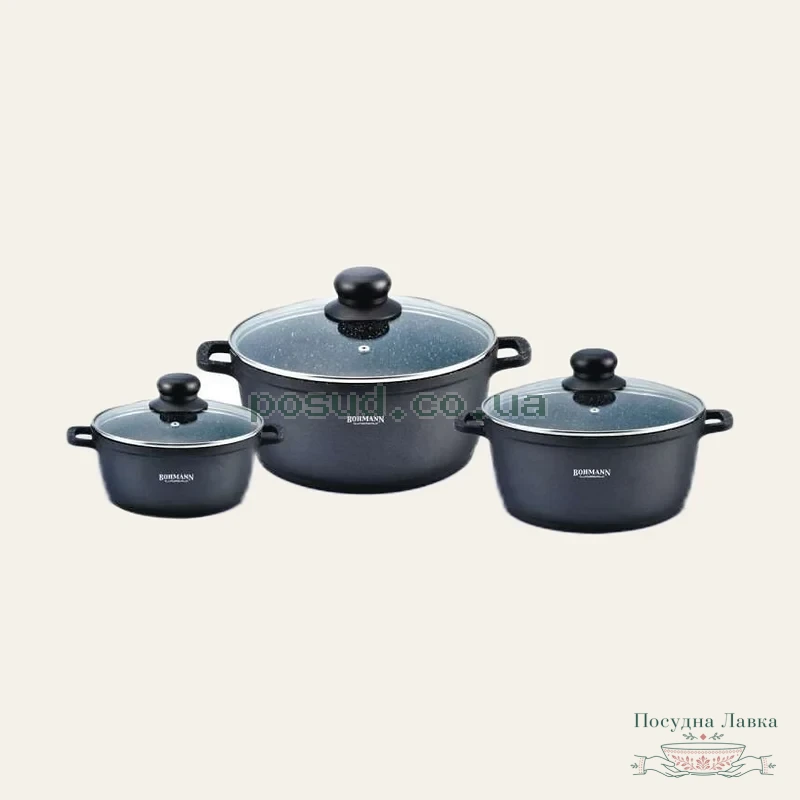 Фото товару «Набір каструль Bohmann 6006-MRB-BH, 6 предметів: 2,2 / 3,1 / 5,5 л, мармурове покриття»