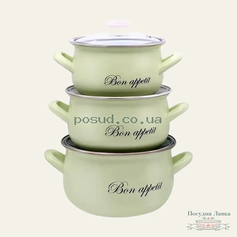 Фото товару «Набір емальованих каструль зі скляними кришками Interos Bon Appetit 2234 B, 3 шт. (2/3/4 л)»