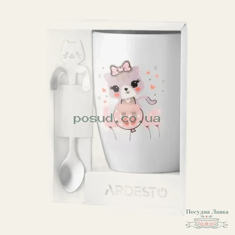 Фото товару «Чашка порцелянова Ardesto Love з ложкою з нержавіючої сталі, біла, 320 мл, AR3042BS»