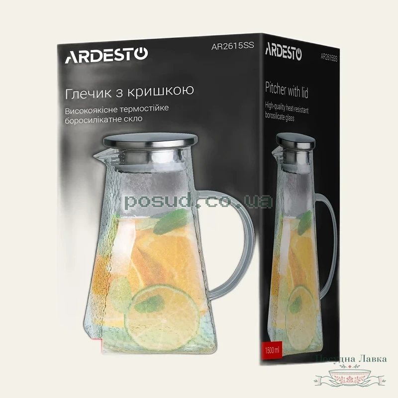 Фото товару «Глечик Ardesto Graphite, з кришкою, 1500 мл, боросилікатне скло, бамбук, нержавіюча сталь, сірий»