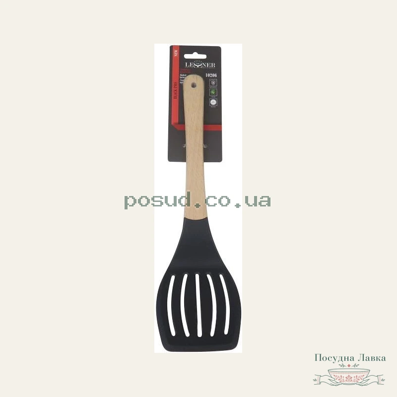 Фото товару «Нейлонова лопатка Lessner Black Pro New 10206 з прорізами та дерев’яною ручкою, 33,5 см»