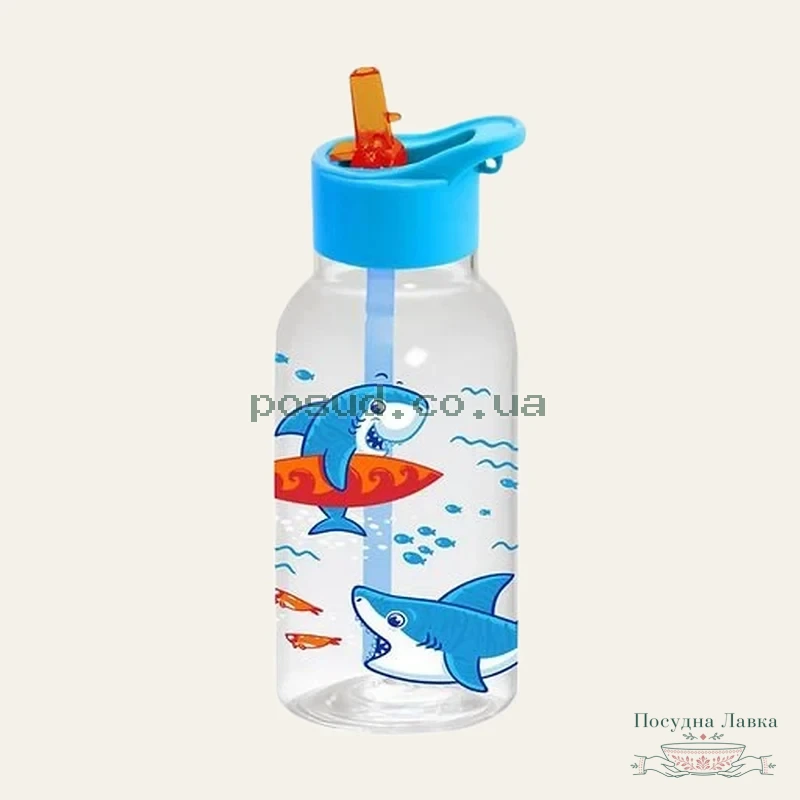 Фото товару «Пляшка для води пластикова Herevin Shark з трубочкою 0,46 л дитяча»