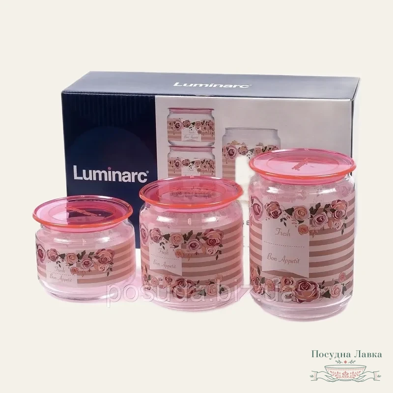 Фото товару «Набір банок Luminarc Plano Rosettes Pink, 3 предмети (0,5/0,75/1 л), P9213»