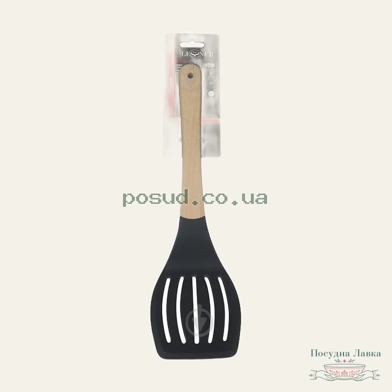 Фото товару «Лопатка Lessner Black Pro New 10206, з прорізами нейлонова з дерев’яною ручкою»